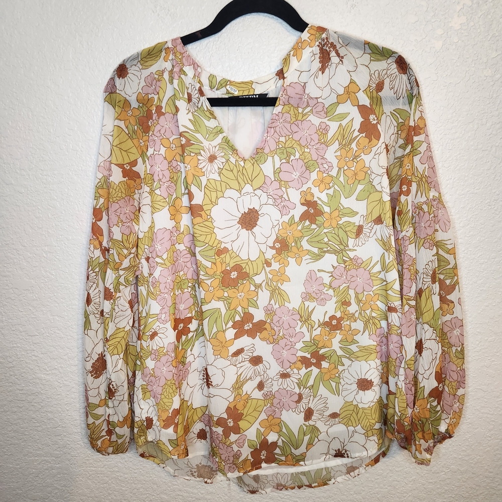 BTFBM Retro Floral Blouse V-Neck Long Sleeve Lined Women's Medium Orange Pinks - Picture 5 of 16